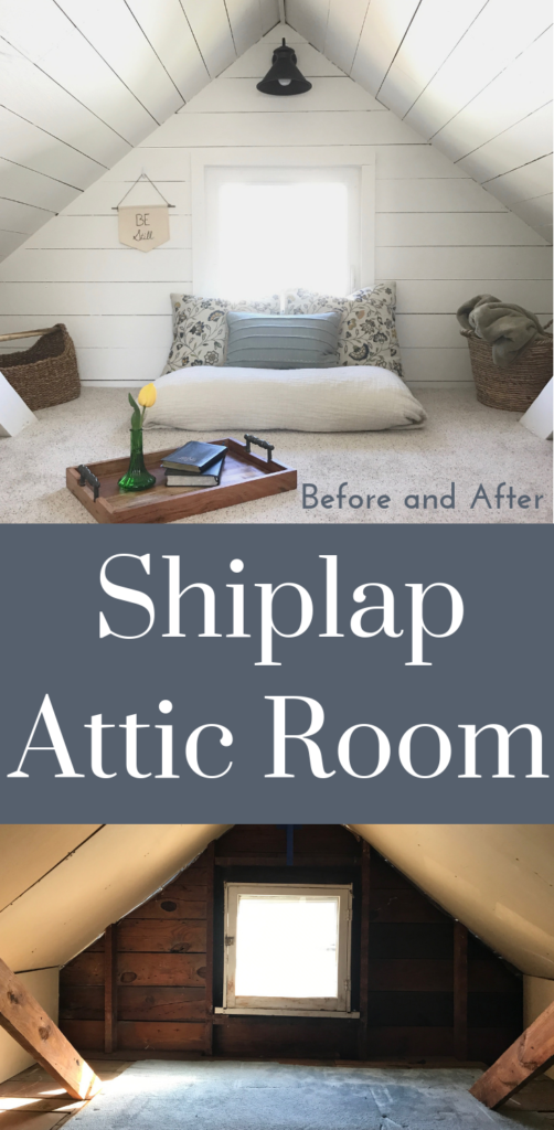 Before and after photos of shiplap attic loft room