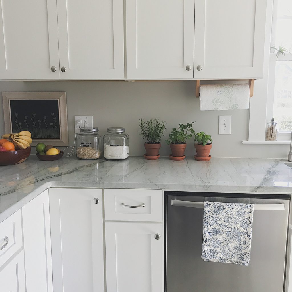 white kitchen with sea pearl quartzite countertops, revere pewter walls by Benjamin Moore, kitchen herbs in terracotta pots 