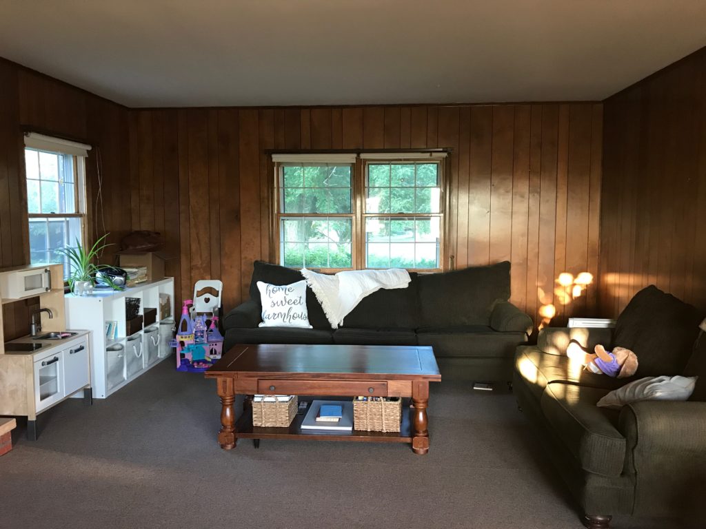 before picture: farmhouse living room with wood paneling