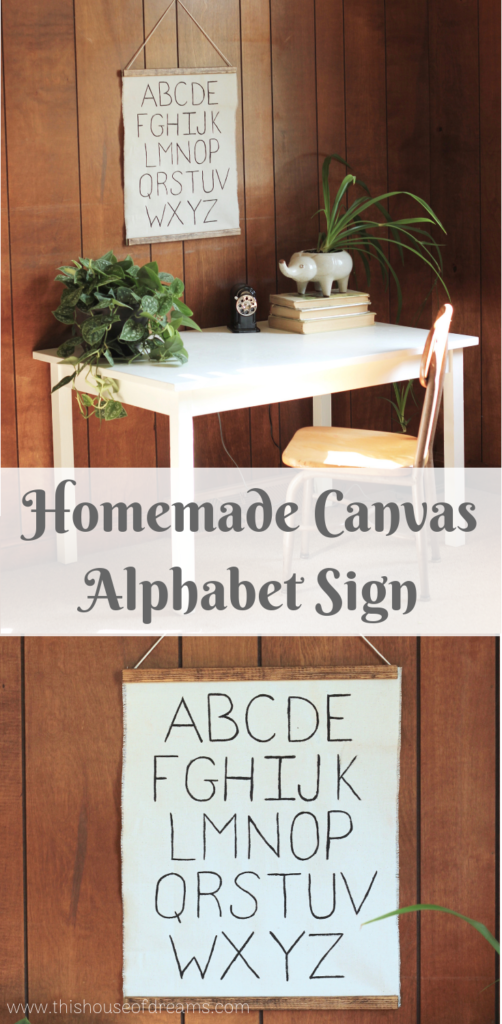 DIY Homemade Canvas Alphabet Sign framed with wood at the top and bottom and hung by a cotton string