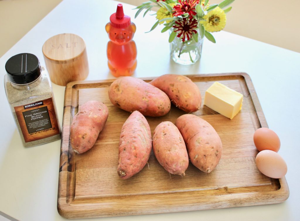 Ingredients for healthy cinnamon sweet potato puff casserole.