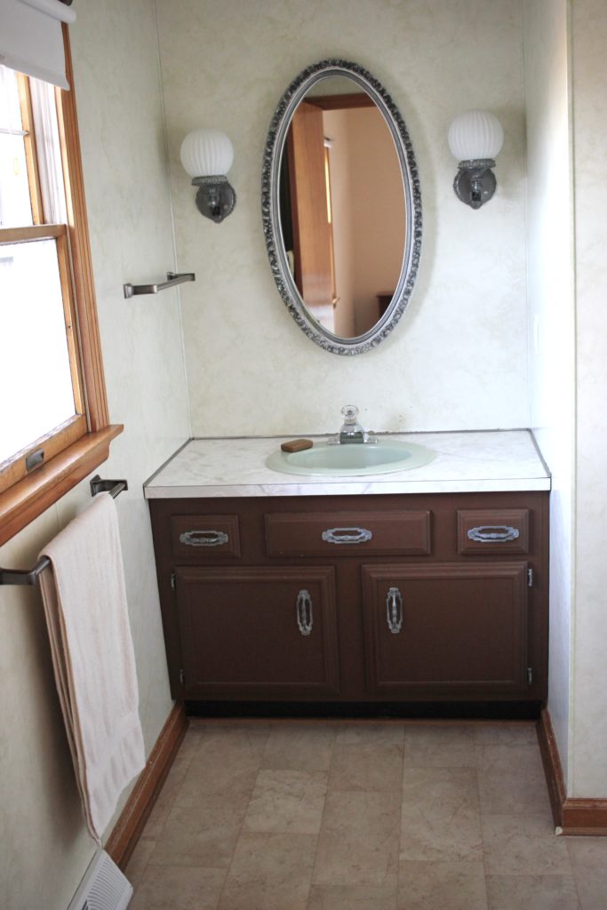 small master bathroom dated 70's farmhouse tour before renovations
