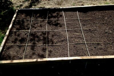 bamboo stakes laying in raised garden bed in a grid