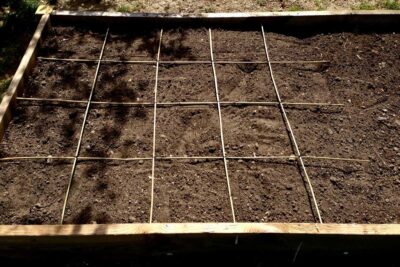 garden grid laying in empty raised garden bed