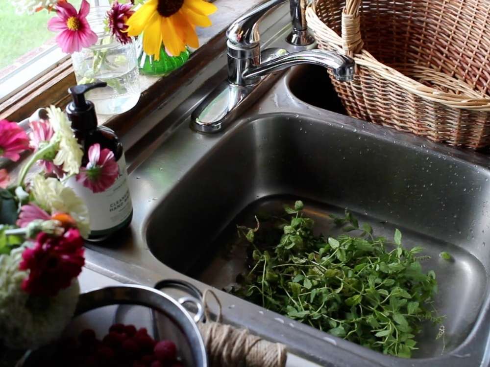 A stainless steels sink with water and fresh mint. A large gathering basket and fresh flowers in the background. 