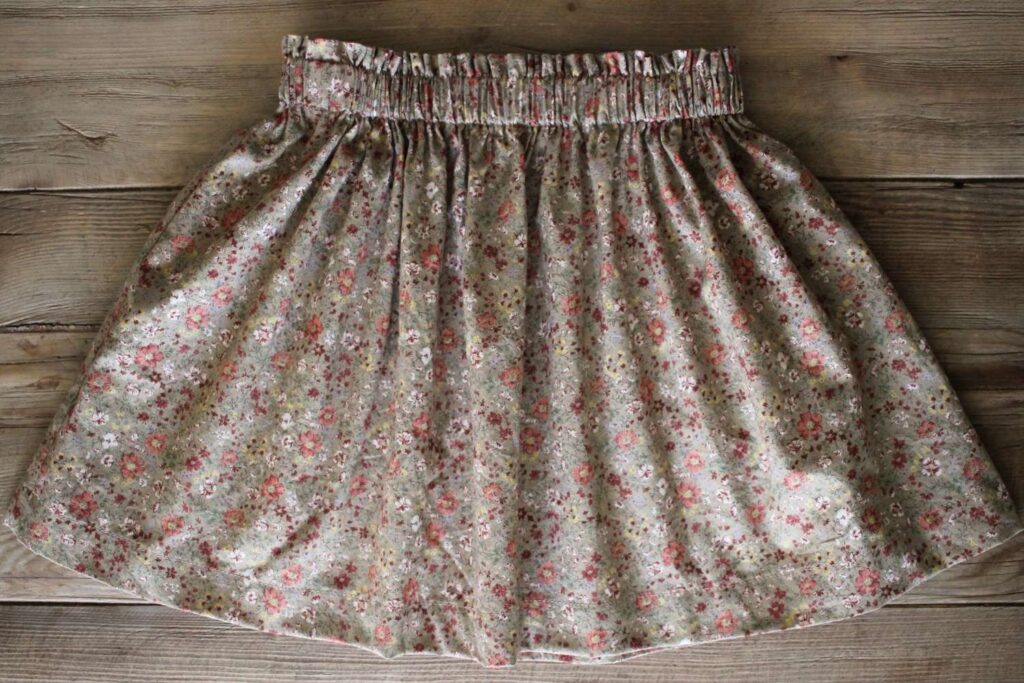 A simple elastic waist skirt laying on a table. Sewing Tutorial. 
