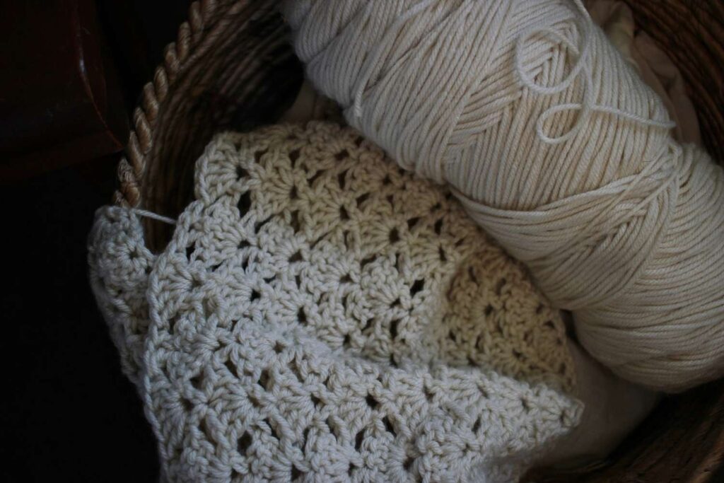 Close up of a natural colored yarn crochet project.