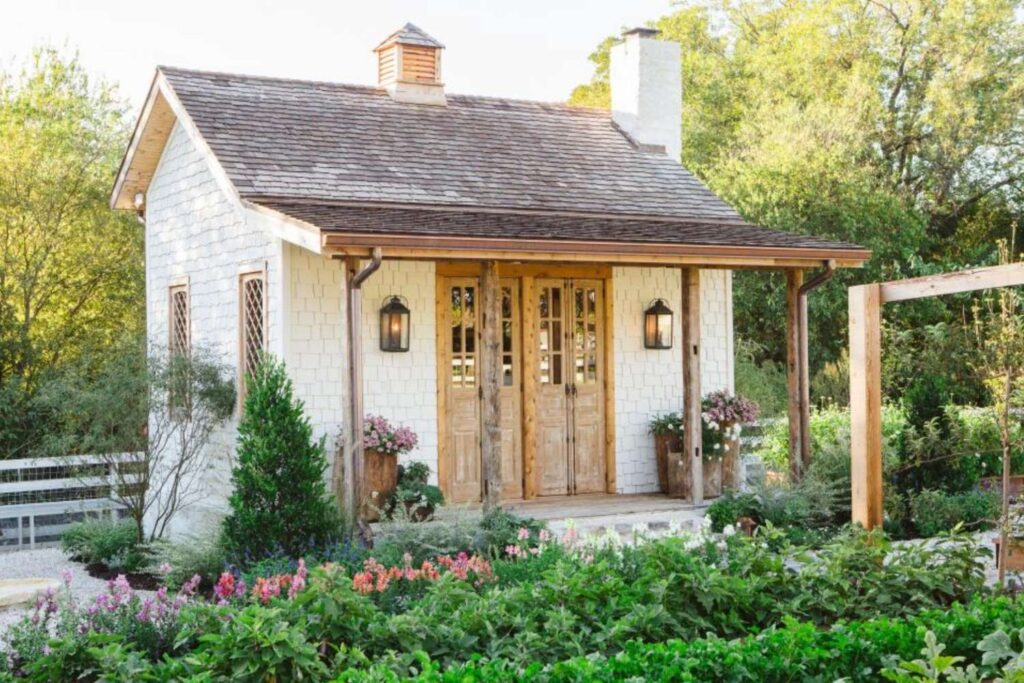 A custom garden shed built by Chip and Joanna Gaines. 