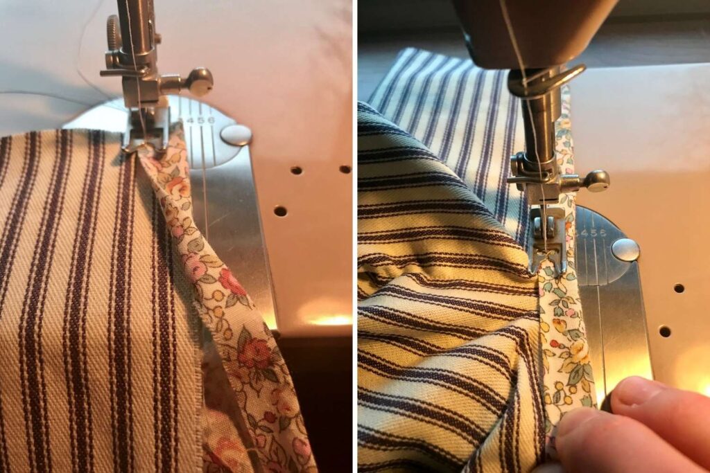 Up close photos showing how to sew the bias tape to the slit in the front fabric piece. 