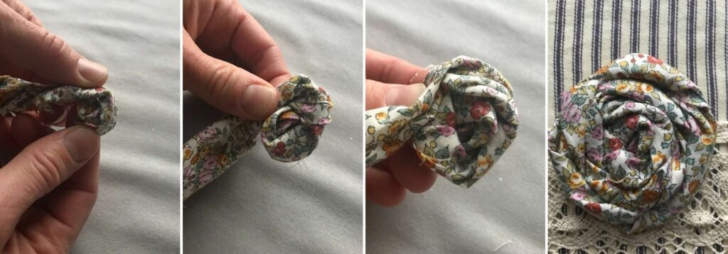 Four step pictures showing how to twist the fabric flower into a rose.
