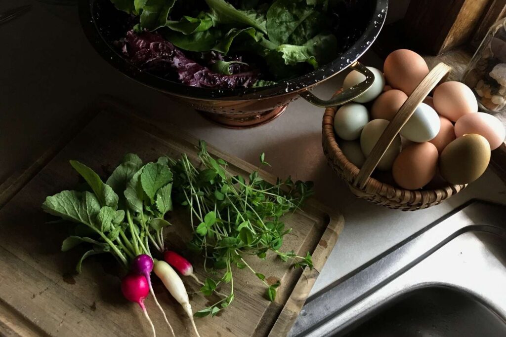 A cutting board with fresh radishes and pea shoots, a small basket overflowing with fresh colorful eggs, and a colander with fresh lettuce sitting on the counter.